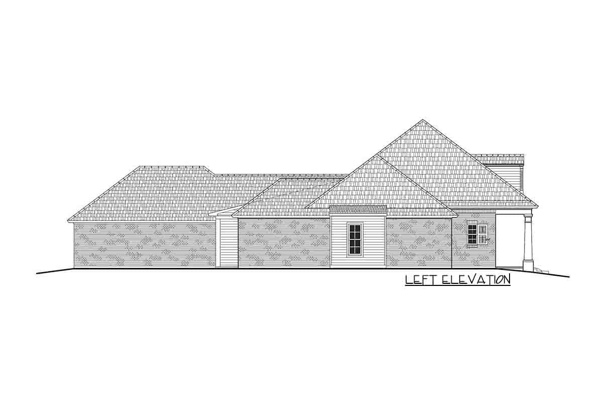 Left elevation house plan drawing showing a one-story home with a hip roof, gabled dormer, and brick and lap siding.