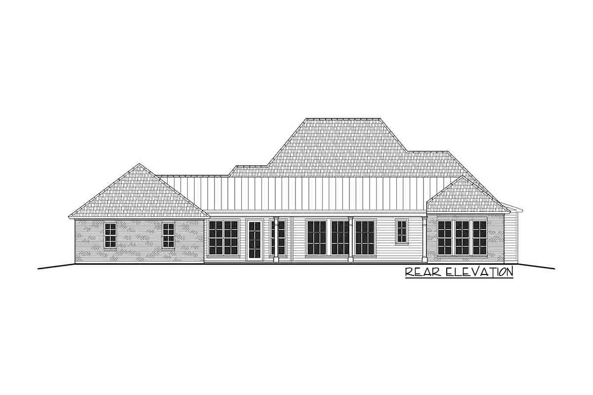 Rear elevation drawing of a one-story house plan with multiple gables, varied rooflines, and numerous windows.