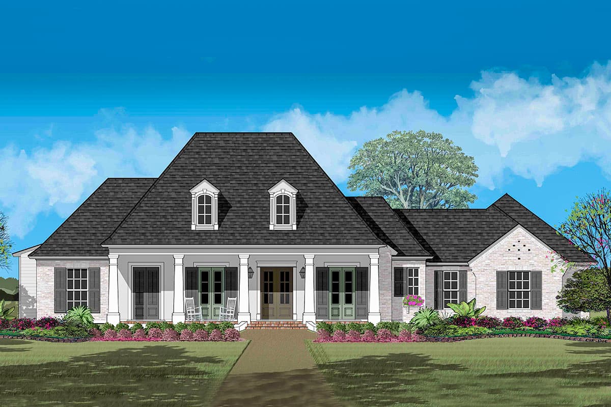 House plan exterior featuring a two-story design with a front porch supported by columns, dormers, and a gabled roof.
