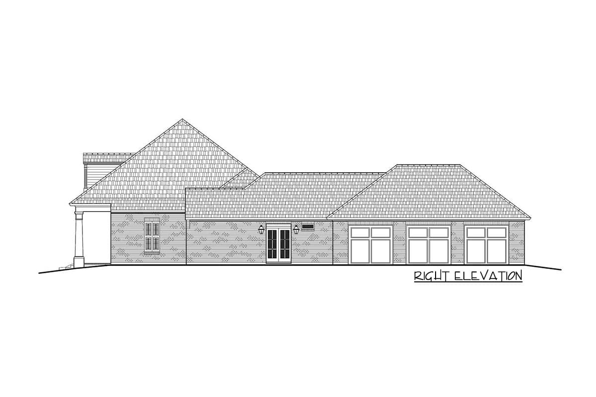 Right elevation house plan showing a one-story structure with a prominent gable roof, double doors, and multiple windows.