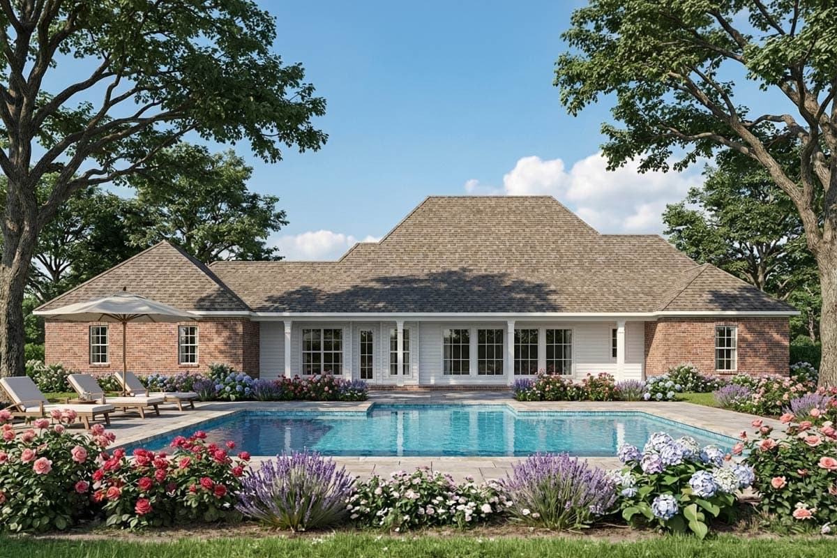 House plan exterior: Ranch style, one story, with brick and white siding, covered porch, and multiple gables.