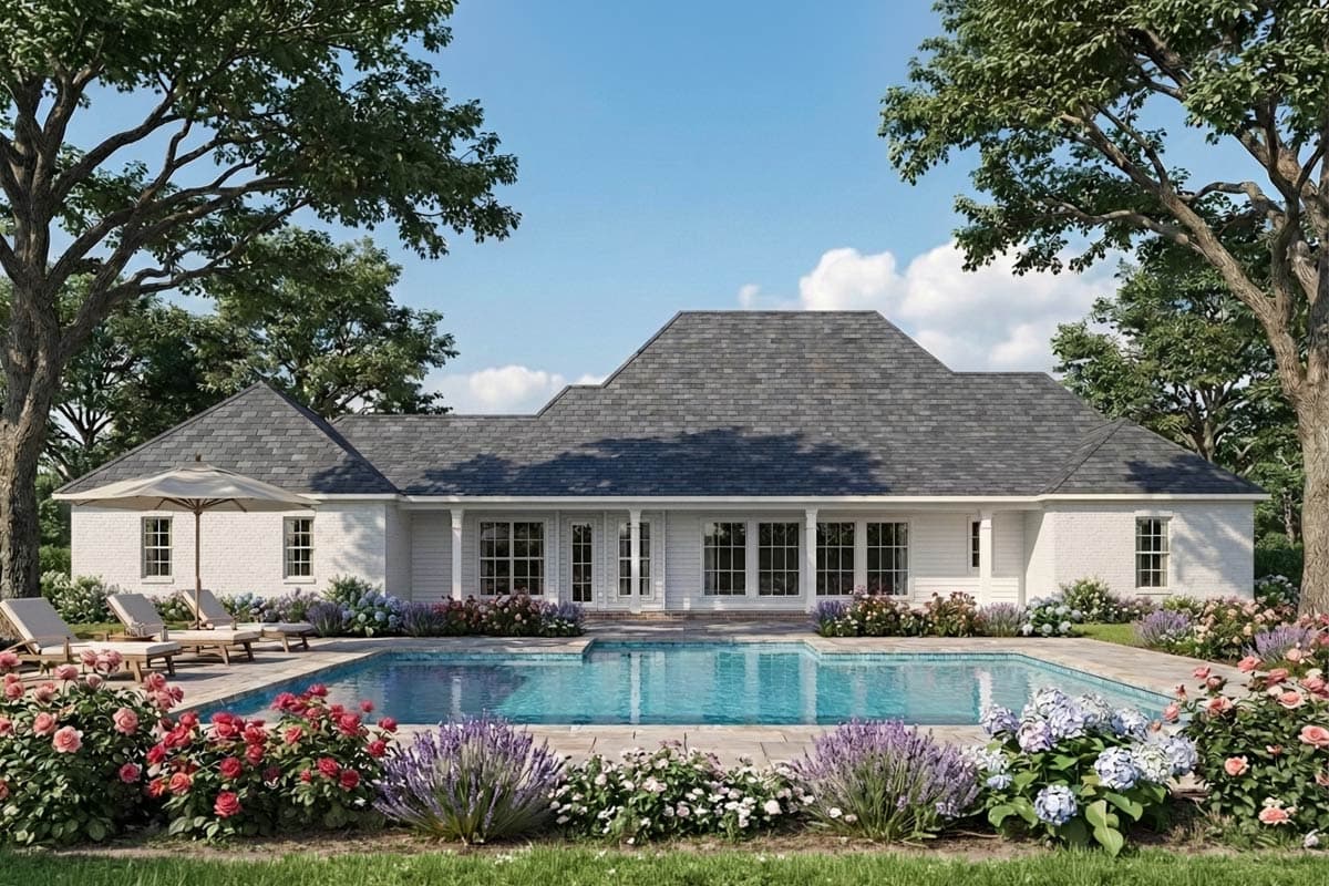 House plan exterior: single-story Modern Farmhouse with white brick, a covered porch with columns, and a large central gable.