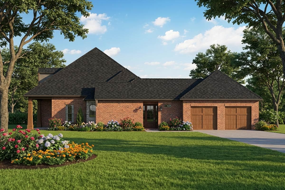 House plan exterior: One-story brick home with a covered porch, arched windows, and a three-car garage.