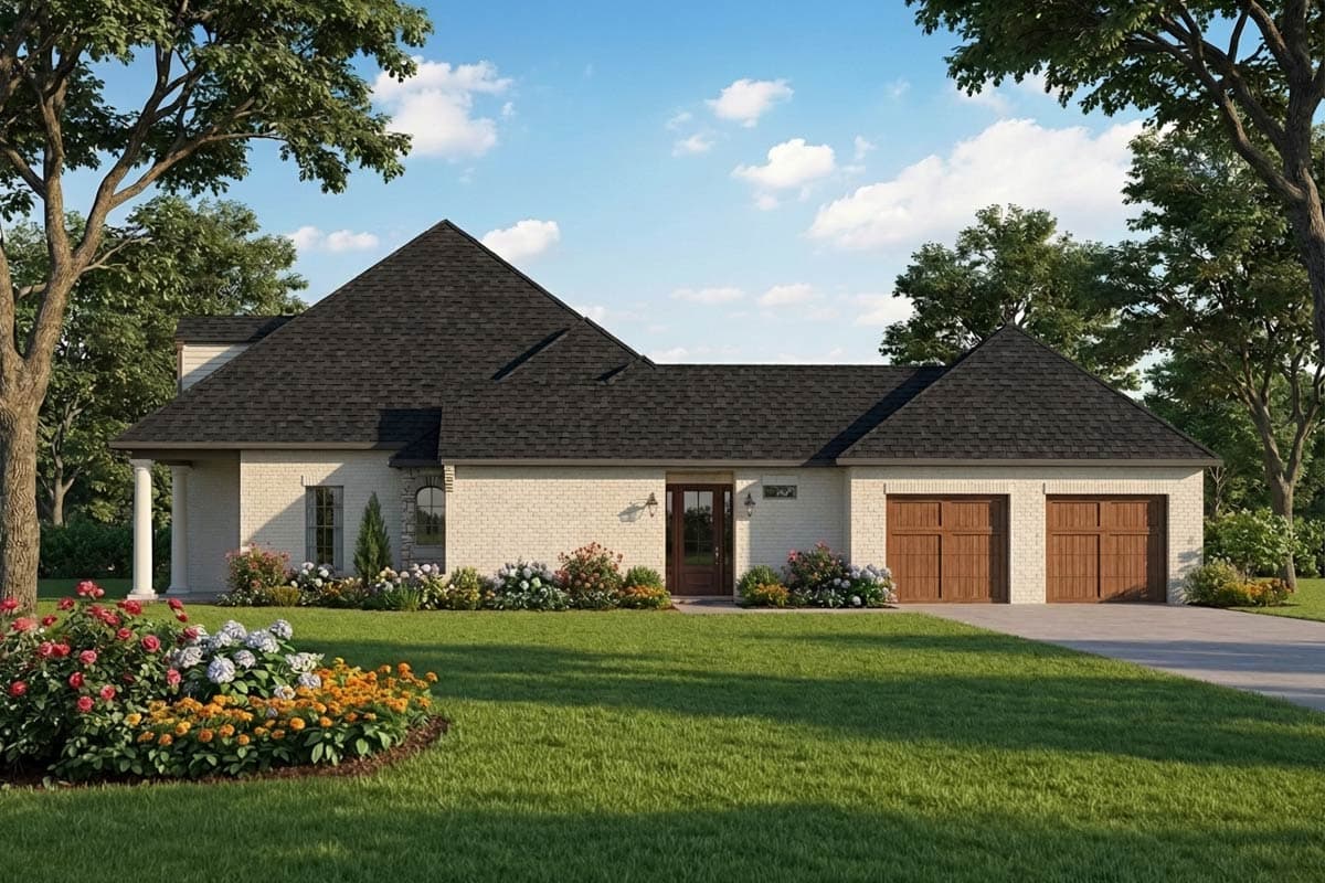 House plan exterior: One-story Modern Farmhouse with white brick, large gable roof, front entrance, and attached two-car garage.