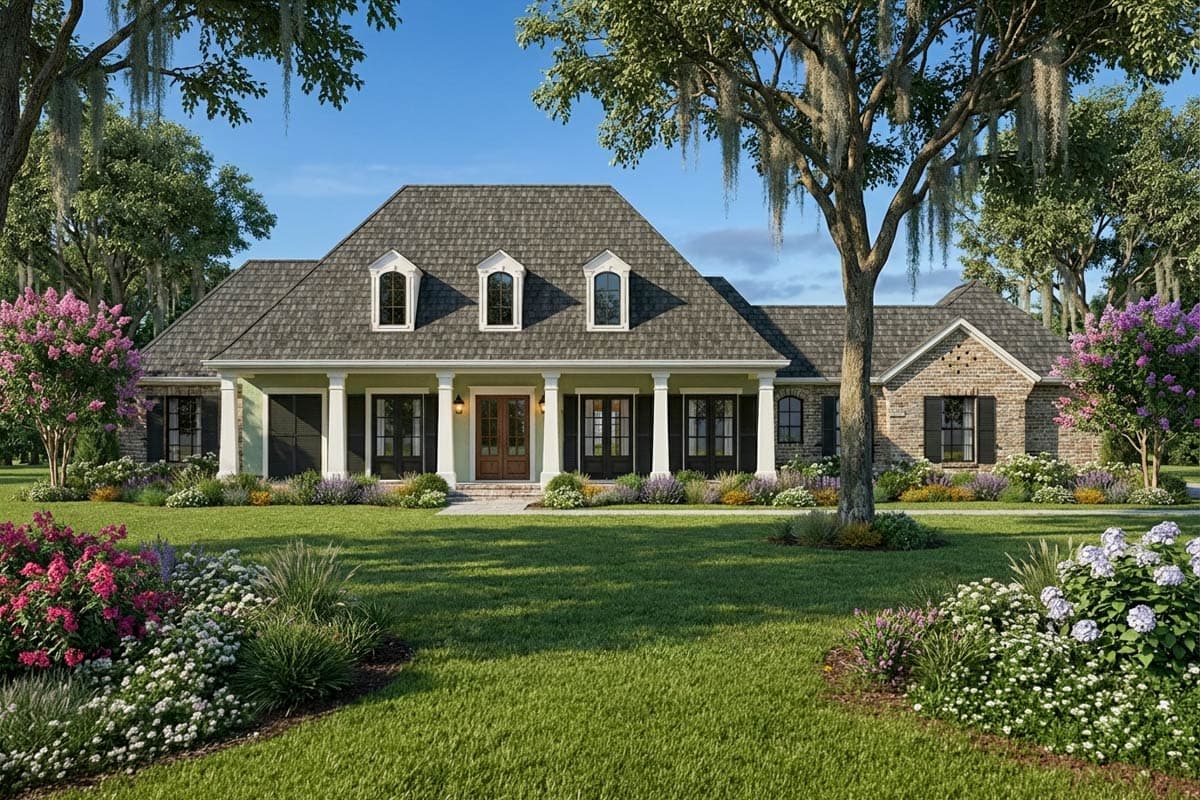House plan exterior: two-story French Colonial with prominent portico, dormer windows, and brick accents.