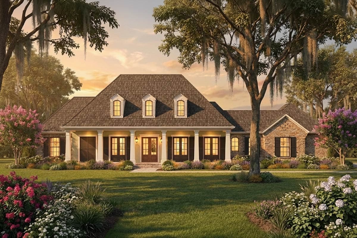 House plan exterior: Single-story home with central covered porch, dormers, and brick accents.