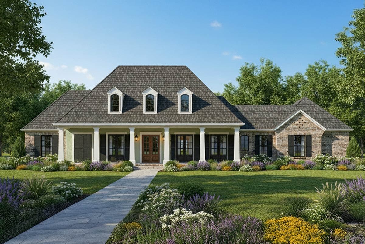House plan exterior featuring a two-story design with a front porch, dormers, a gabled roof, and brick accents. Walkway leads to the front door.