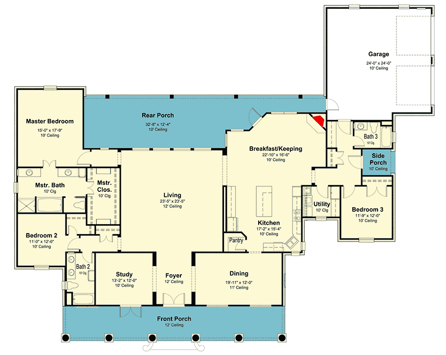 Plan 860035MCD: 3-Bed Acadian House Plan with Front and Rear Porches - Floor Plan - Main Level - Acadian, Country, Louisiana-Style, Southern, Traditional
