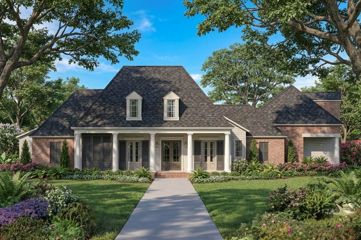 House plan exterior. Two-story Colonial-style home with a columned porch, dormers, and brick facade, attached garage. Landscaping in foreground.
