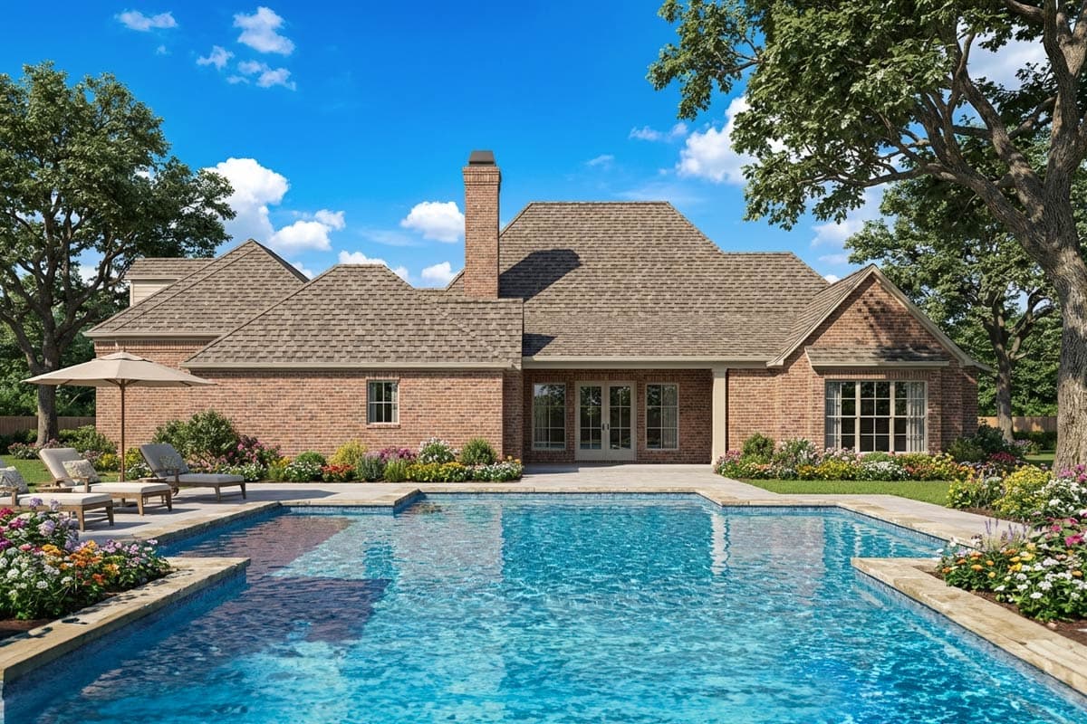 House plan exterior with brick facade, gable roof, and multiple gables. Features include a rear patio with French doors and a pool.