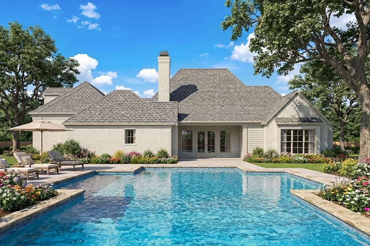 House plan exterior. Two-story home with a gabled roof, brick facade, and multiple French doors leading to a patio and pool area.