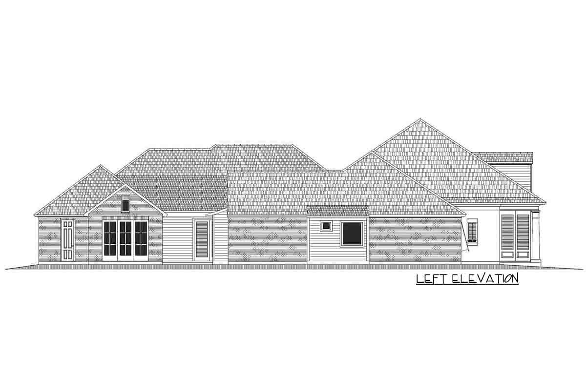 House plan exterior, left elevation view. Features include a gabled roof, brick veneer, and a multi-paneled double door with side lights.
