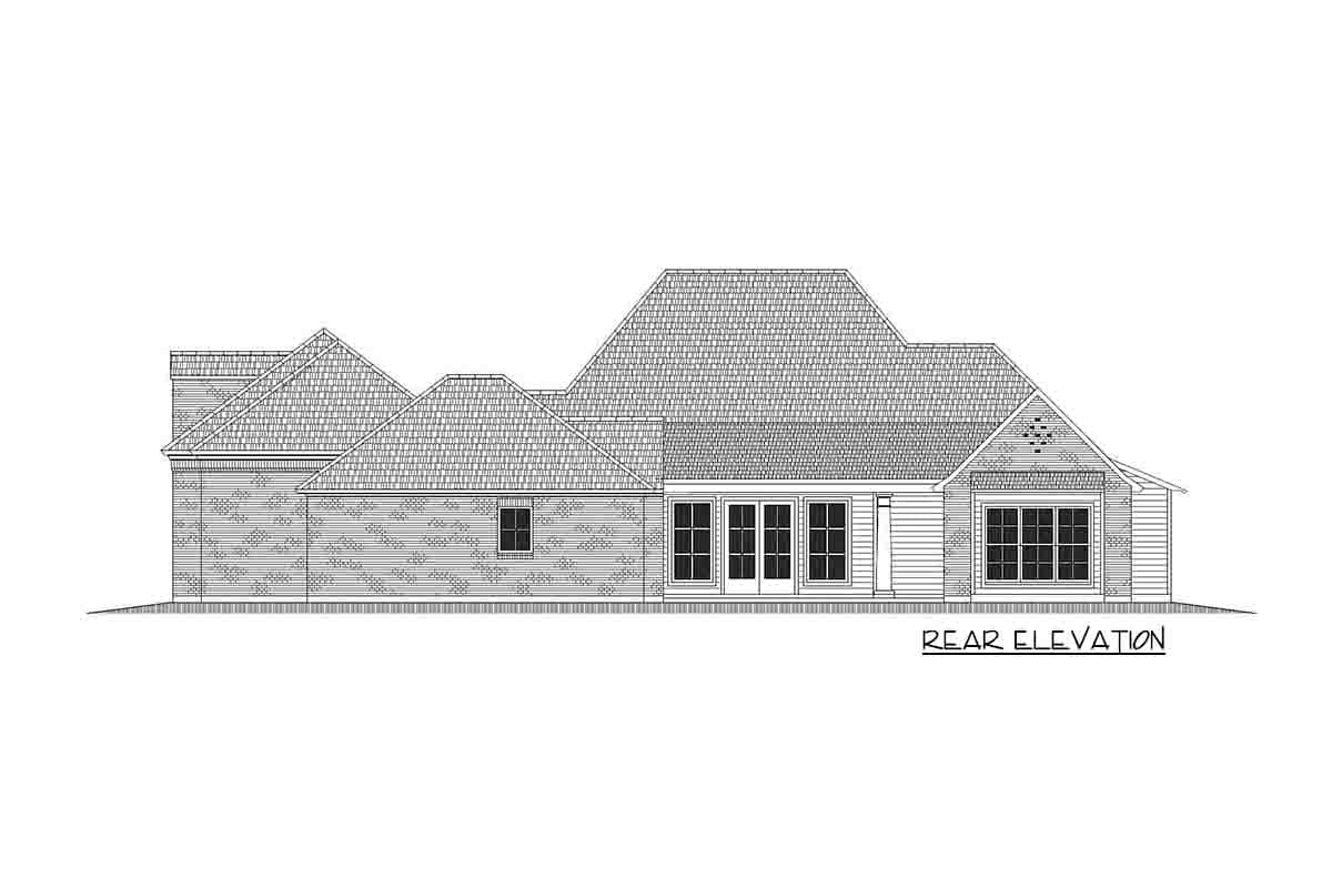 House plan rear elevation. Features include a multi-gabled roof, brick veneer, multiple windows, and a set of French doors.