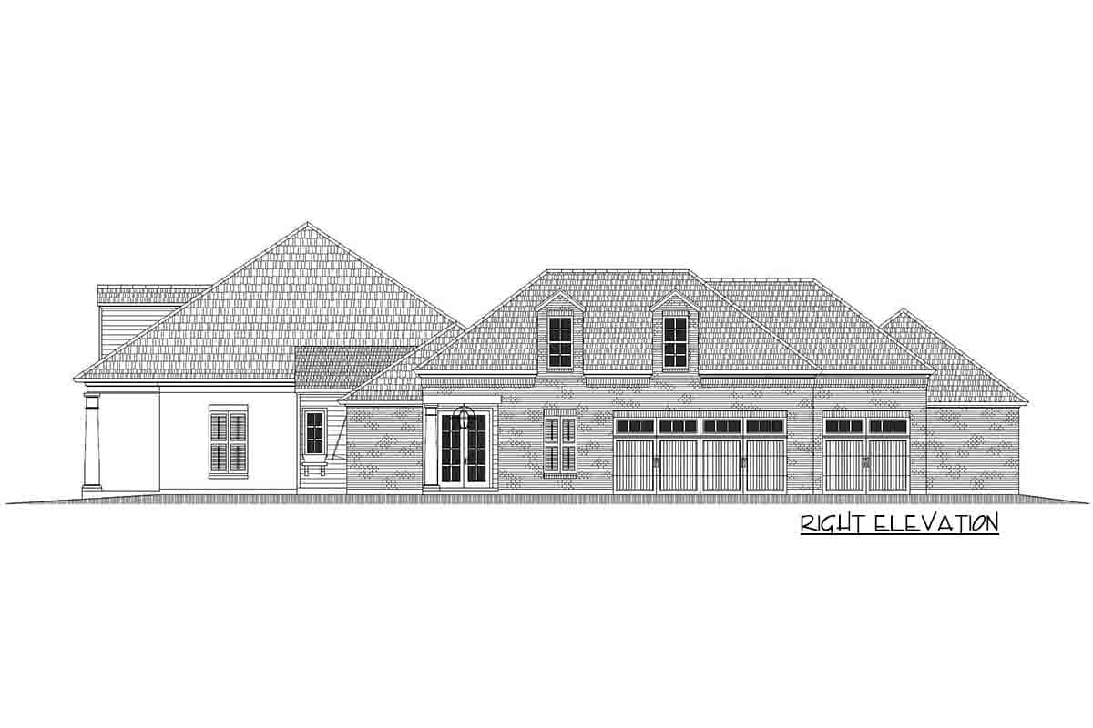 House plan exterior right elevation. Features include a brick facade, dormers, a multi-car garage, and a gable roof with varying pitches.