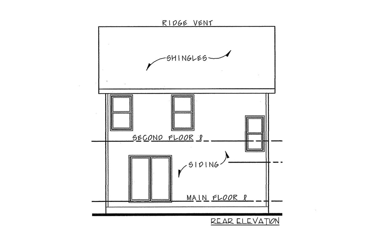 Rear elevation drawing of a two-story house plan with siding, a double door on the main floor, and three windows on the second floor.