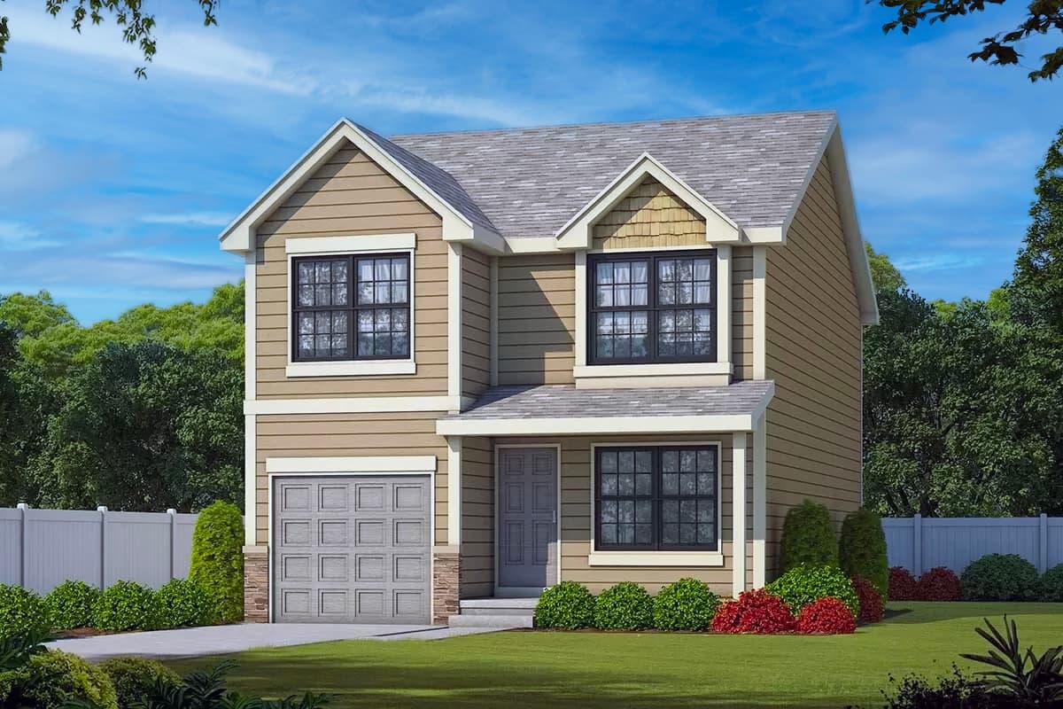 House plan exterior. Two-story house with gabled roof, two dormers, and attached garage. Lap siding, and grid windows are visible.