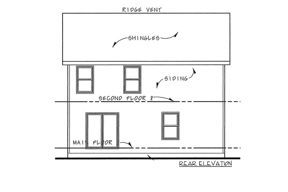 Rear elevation drawing of a two-story house with siding, showing windows on both floors and a sliding glass door on the main floor.