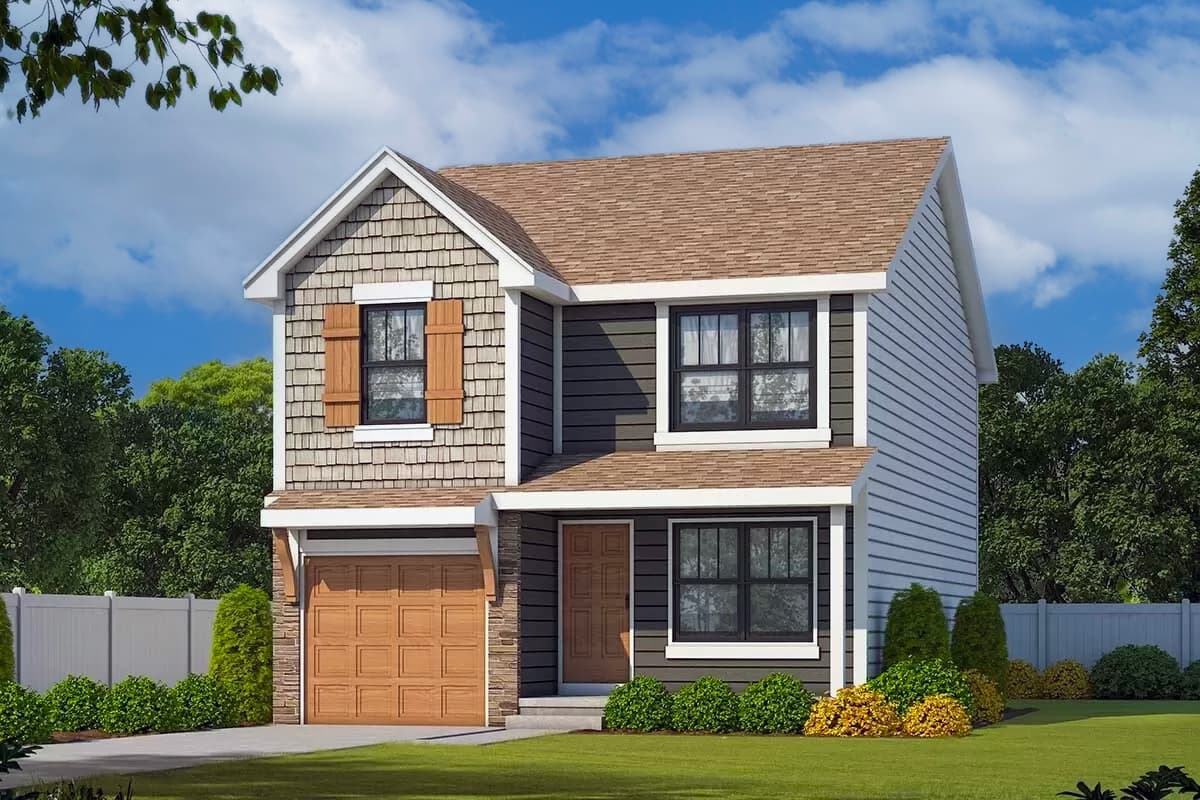 House plan exterior. Two-story Craftsman home with a gable roof, shake siding, and attached garage. Includes shutters and multiple windows.