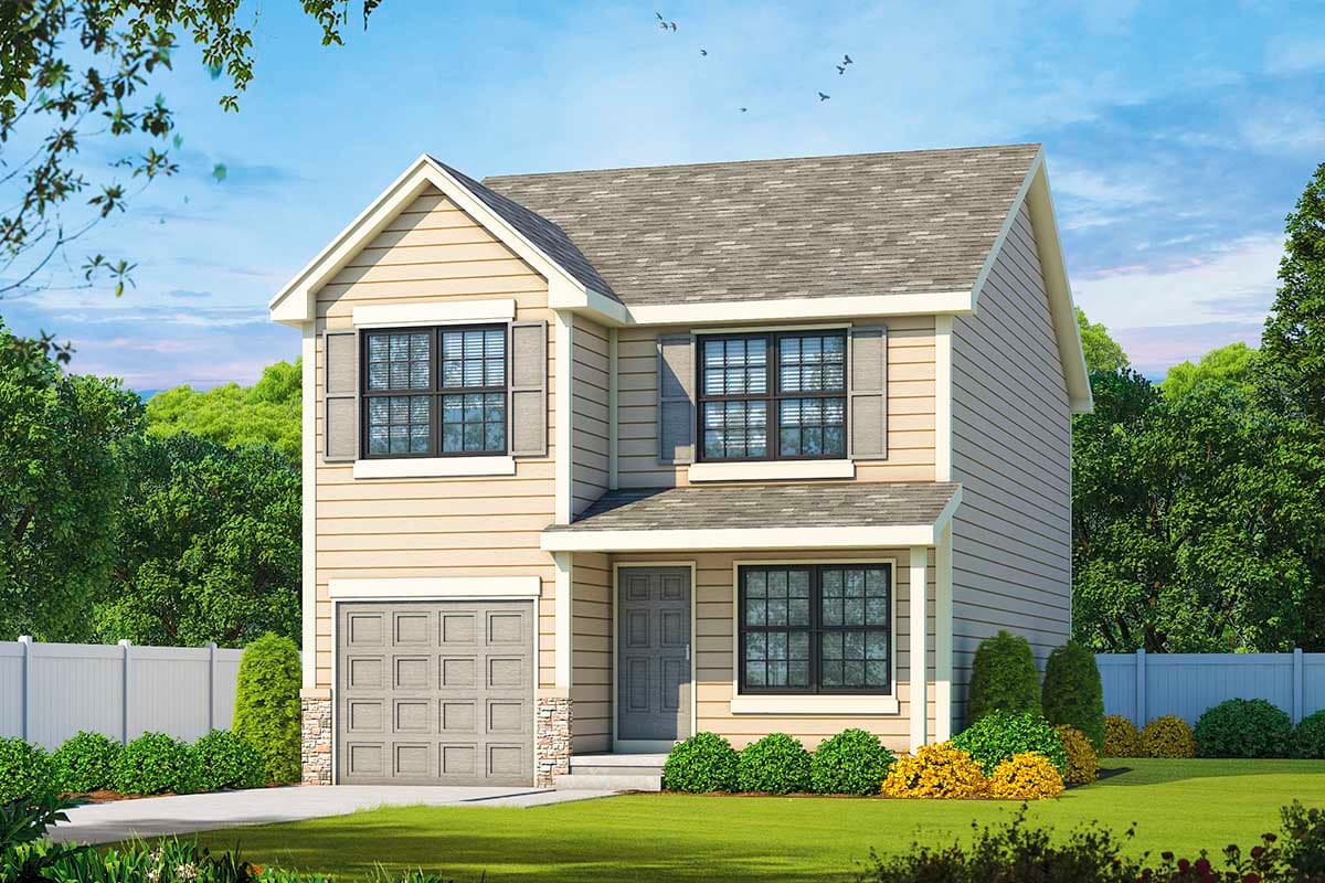 House plan exterior. Two-story home with a gabled roof. Features include a front-facing garage, shutters, and a covered front entry.