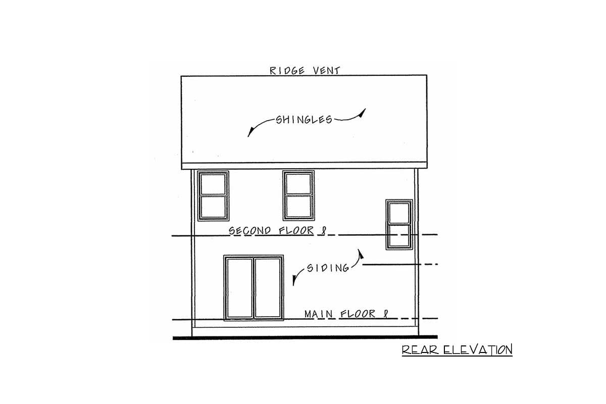 Rear elevation drawing of a two-story house plan, showing siding, windows, and double doors.