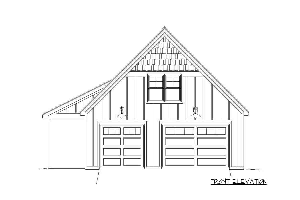 Front elevation drawing of a two-car garage with board and batten siding, shingle gable, and two raised panel garage doors.