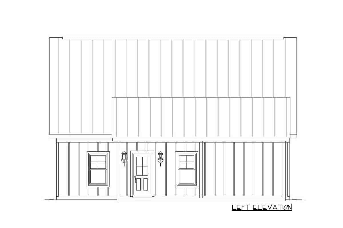 Left elevation house plan showing a metal roof, double-hung windows, a central door, and vertical siding.
