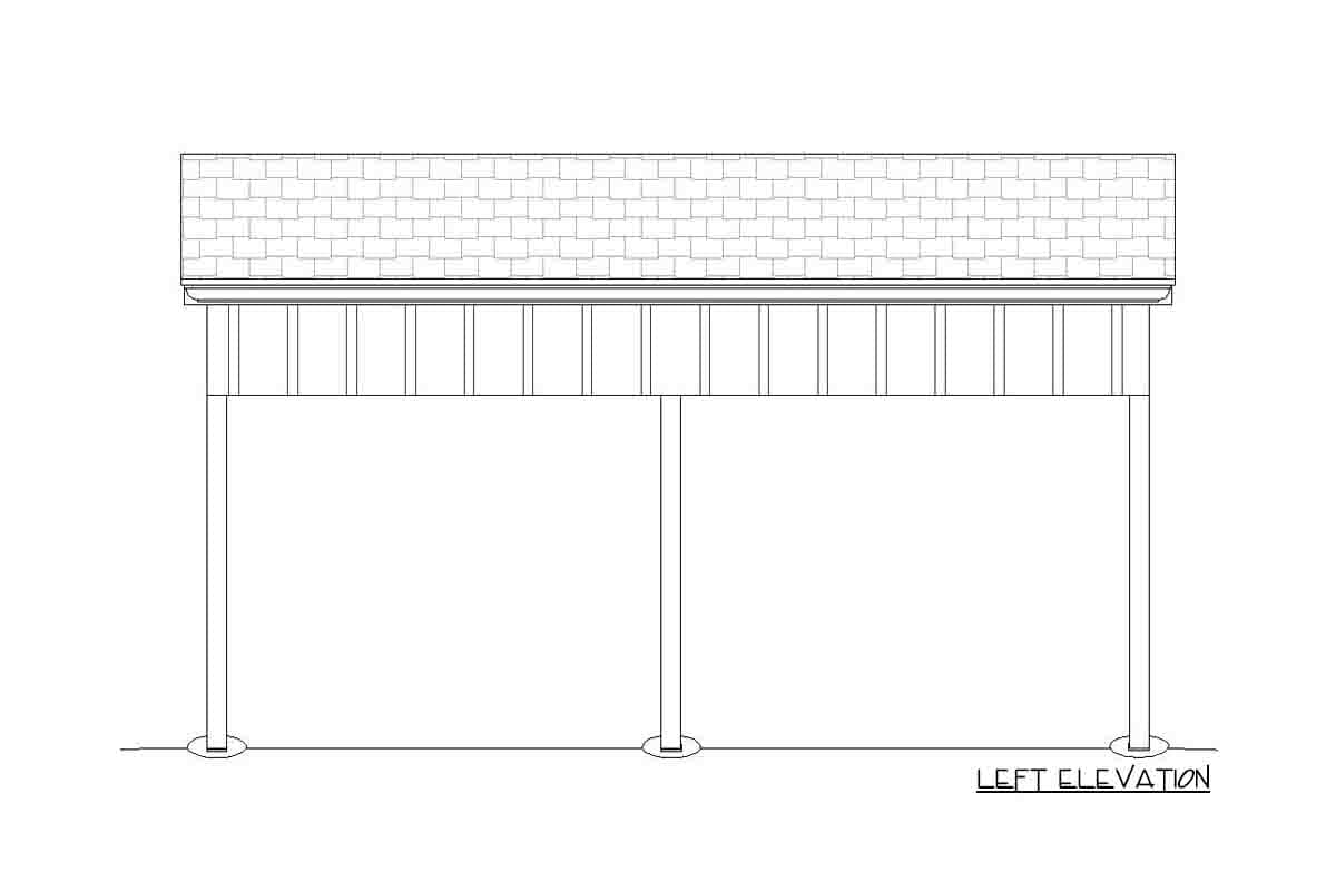 Left elevation drawing of a house plan with a gable roof, visible rafters, and supporting posts.