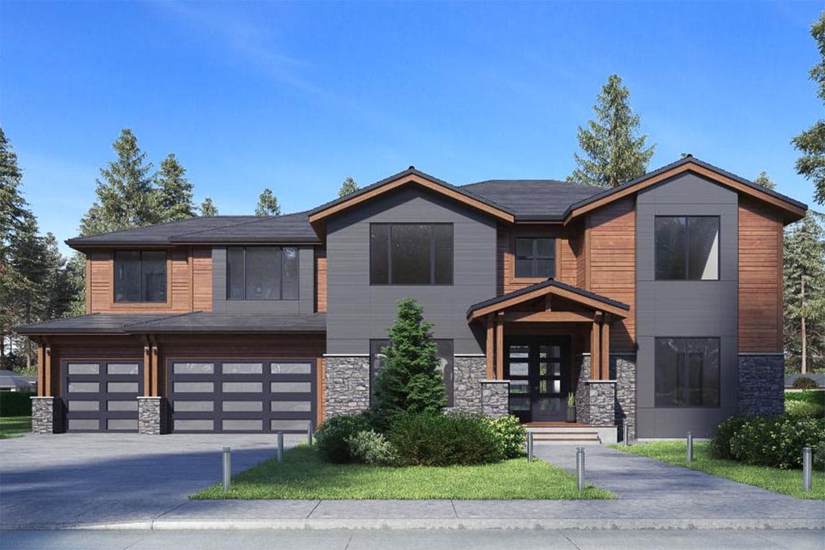 House plan exterior with two stories, a mix of wood and gray siding, covered entry porch, stone accents, and two-car garage.