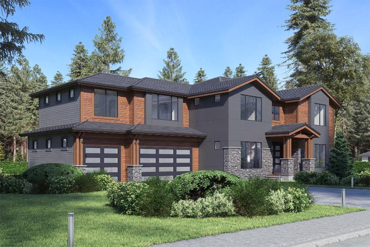 Modern house plan exterior with two stories, dual garages, contrasting wood and stone siding, and prominent gables.