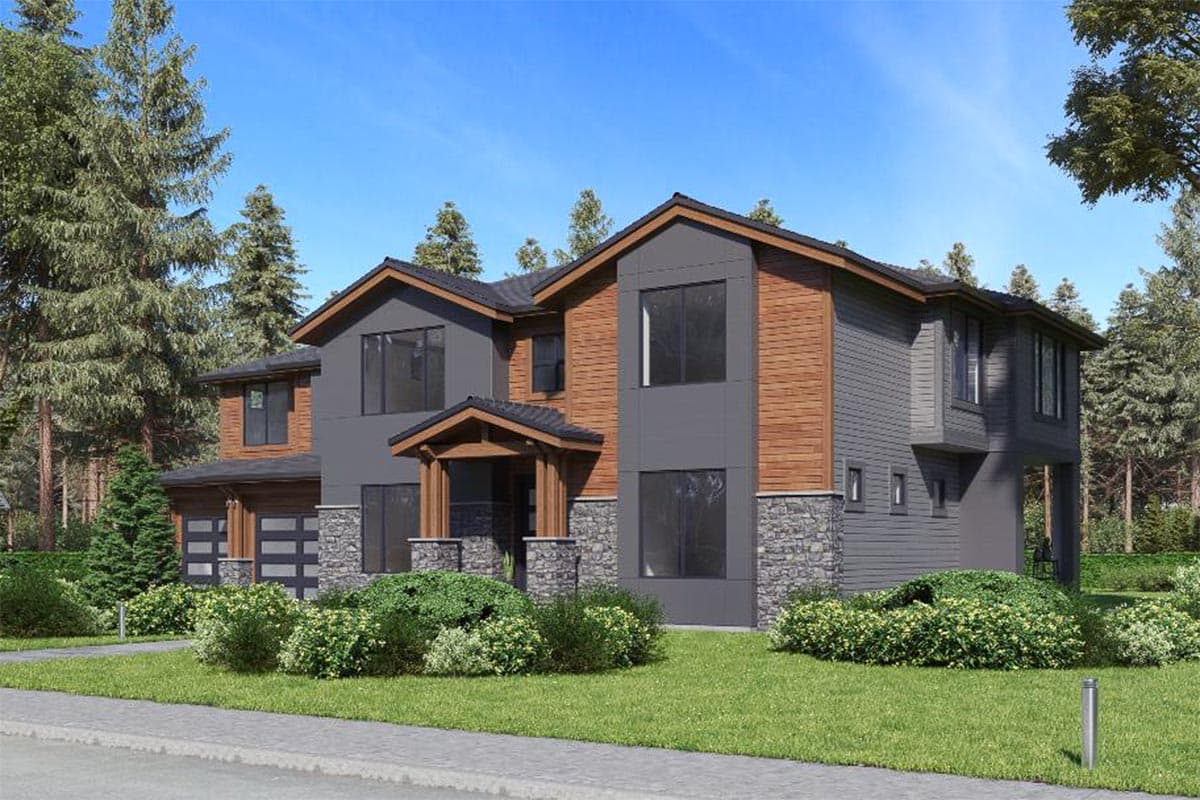Modern two-story house plan exterior with stone base, wood siding, prominent gables, and a covered entrance with timber accents.