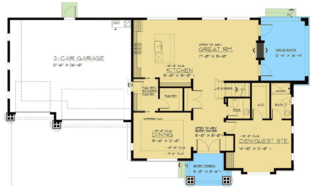 Plan 666068RAF: Two-Story Modern Mountain Home Plan with Second-Level Master - 3173 Sq Ft - Floor Plan - Main Level - Contemporary, Modern, Mountain, Northwest, Prairie, Transitional