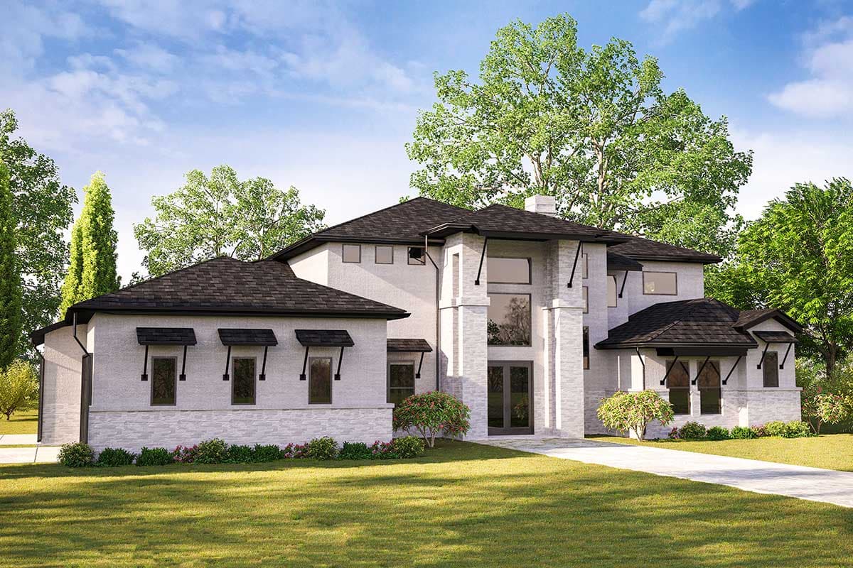 House plan exterior. Two-story Modern house with a hipped roof, large windows, and awning-style window treatments.