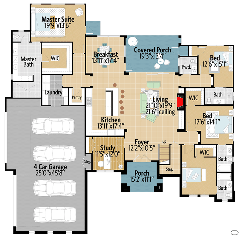 Plan 430048LY: Contemporary 4-Bed Hill Country Home Plan with Bathrooms For Everyone - Floor Plan - Main Level - Contemporary, Country, Hill Country
