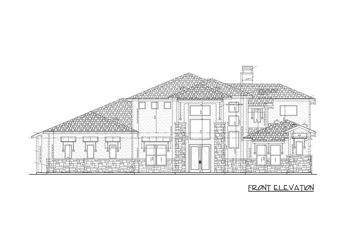 Front elevation drawing of a two-story house with a multi-pitched roof, stone base, and large windows.