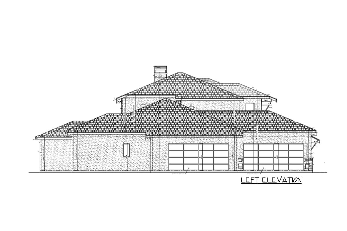 Left elevation of a house plan showing a pitched roofline, multiple gables, and a three-car garage.