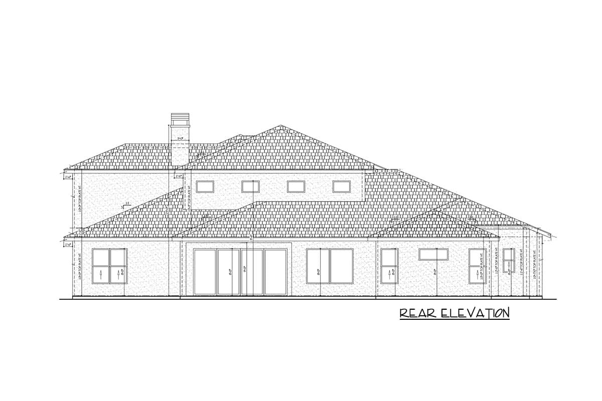 Rear elevation drawing of a house plan showing a tiled roof, multiple windows, sliding glass doors, and a chimney.