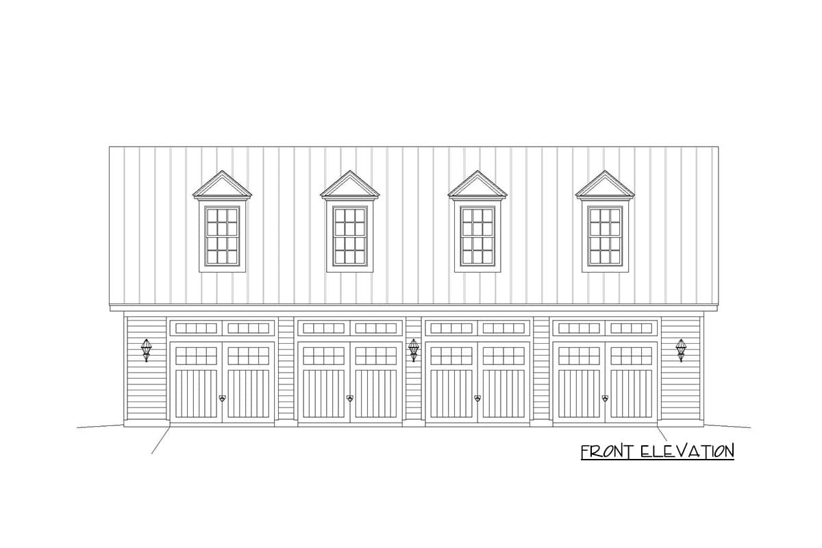 Front elevation drawing of a two-story structure with four garage doors and four dormer windows.