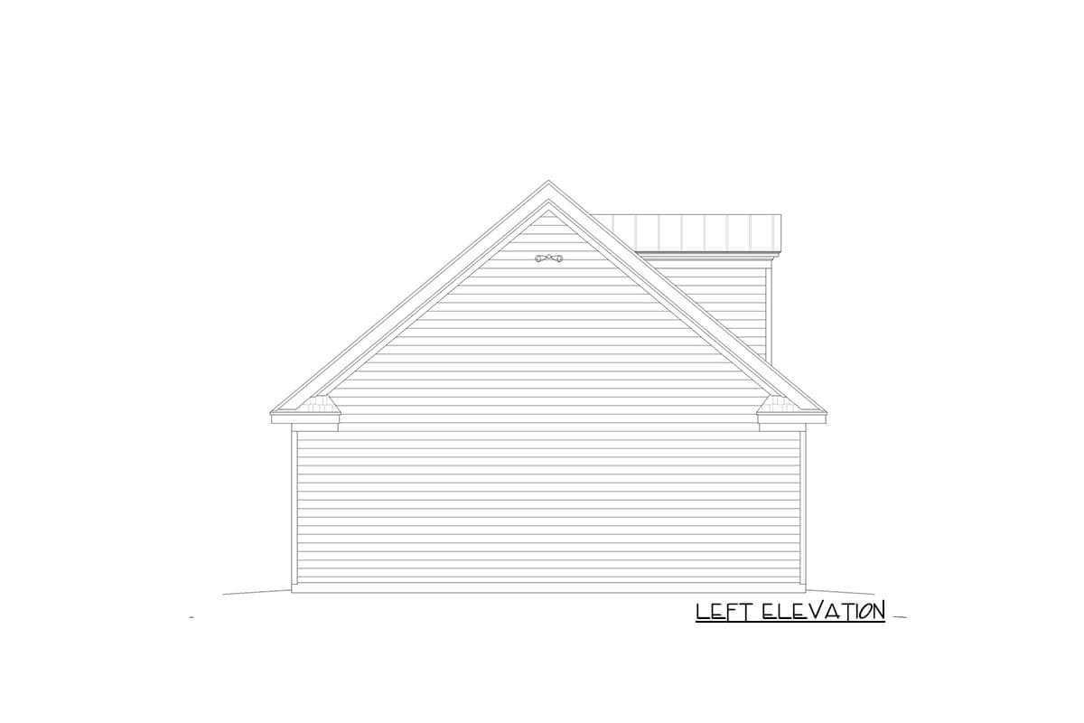 Left elevation drawing of a house plan with horizontal siding and a prominent gable.