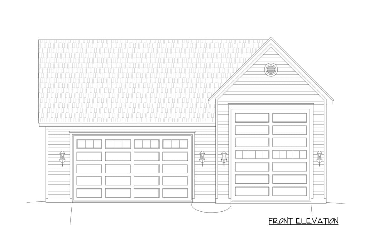 Front elevation drawing of a garage with two double doors and one single door, pitched roof, and gabled dormer.