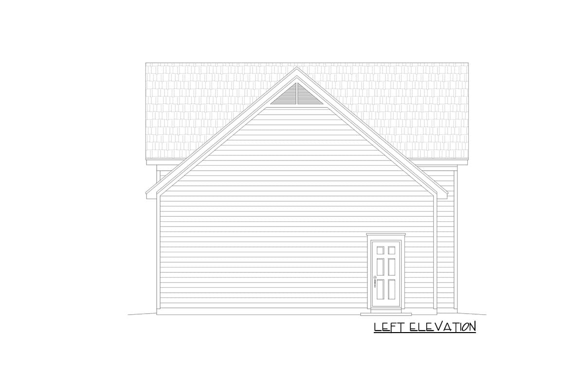 Left elevation drawing of a house plan featuring horizontal siding, a gabled roof with shingles, a small gable vent, and a single door.