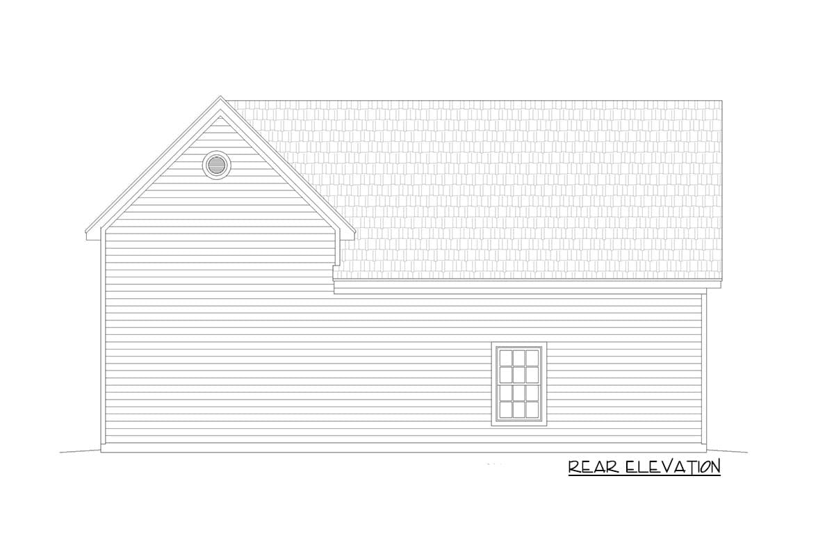 Rear elevation drawing of a house plan with horizontal siding, a gable roof, a circular vent, and one window.