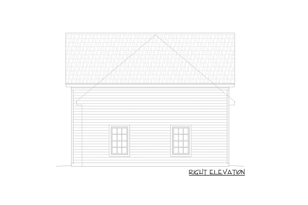 Right elevation drawing of a house plan showing clapboard siding, a gable roof, and two multi-pane windows.