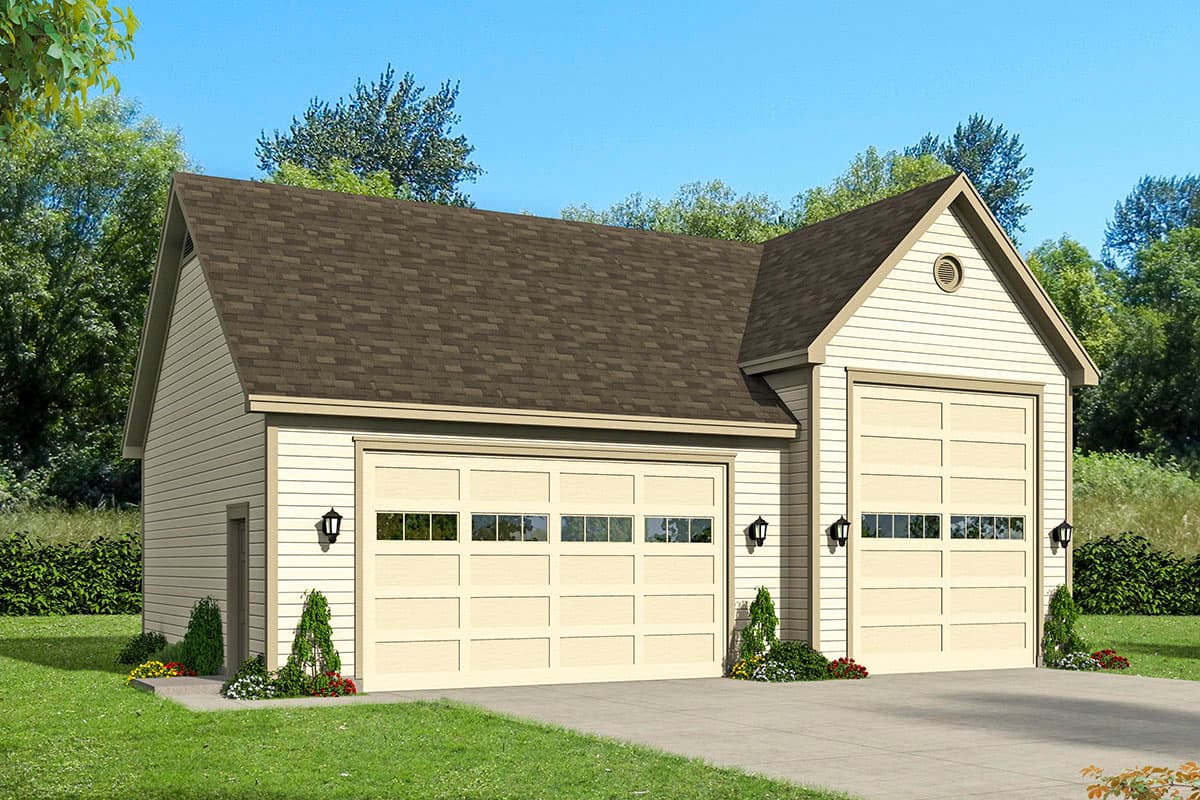 House plan exterior featuring a two-car garage with a gable roof, two overhead doors with window panels, and exterior wall sconces.