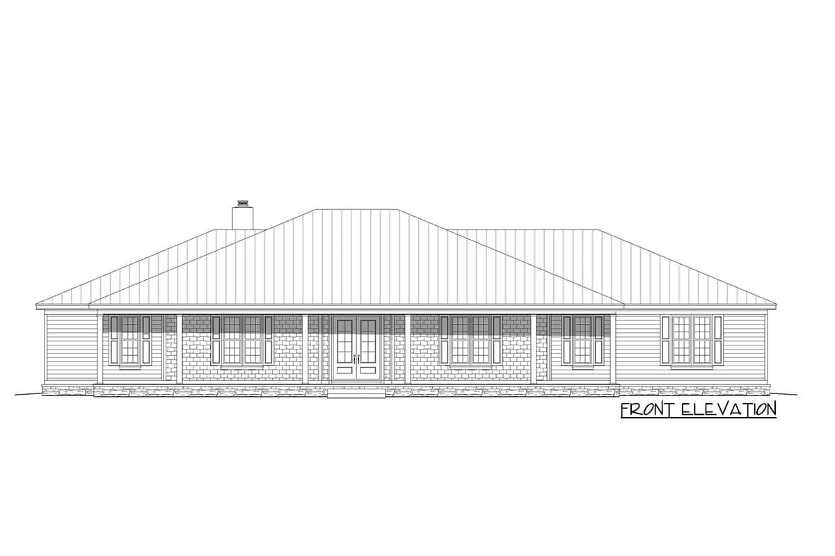 Front elevation drawing of a single-story house with a wraparound porch, double front doors, and prominent gabled roofline.