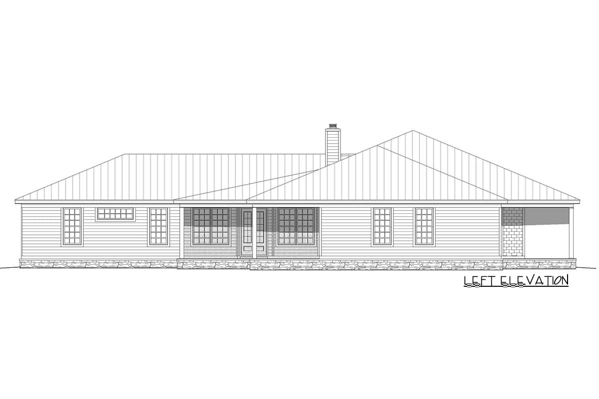 Left elevation drawing of a one-story house plan with a covered porch, multiple windows, and a prominent gable roof.