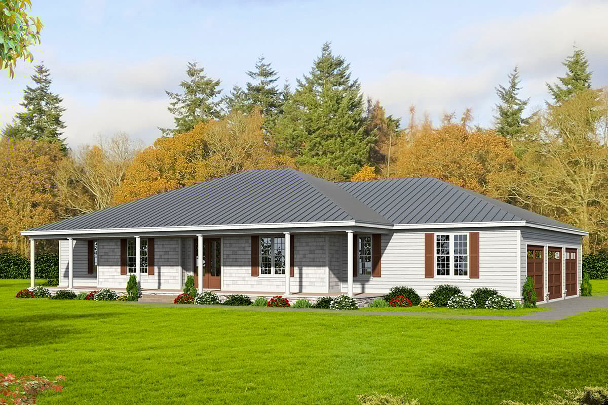 House plan exterior. Ranch style with a single story, front porch, shingle siding, and attached two-car garage with multiple windows.