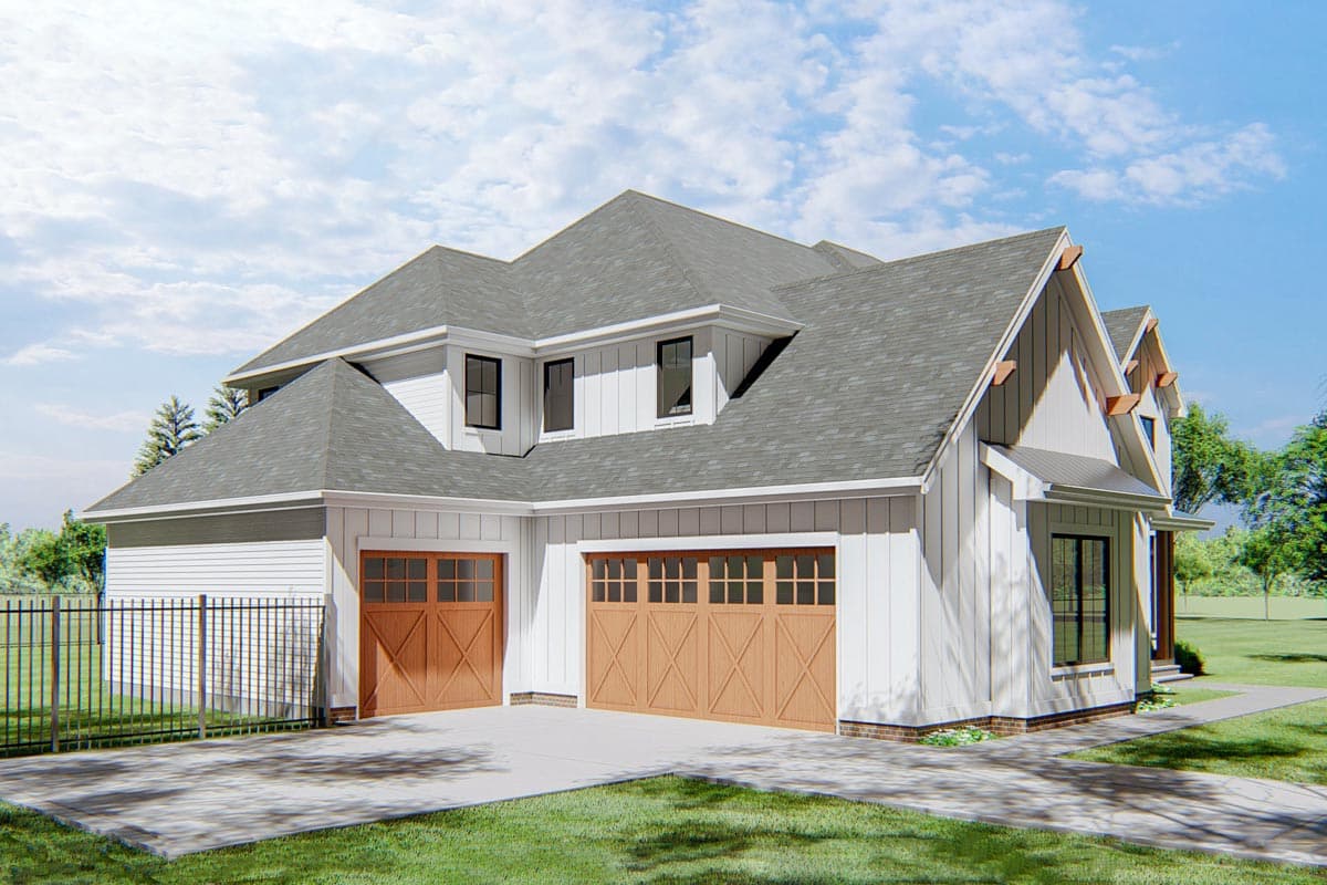 Modern Farmhouse house plan exterior featuring a side-entry garage, board and batten siding, and prominent gables.