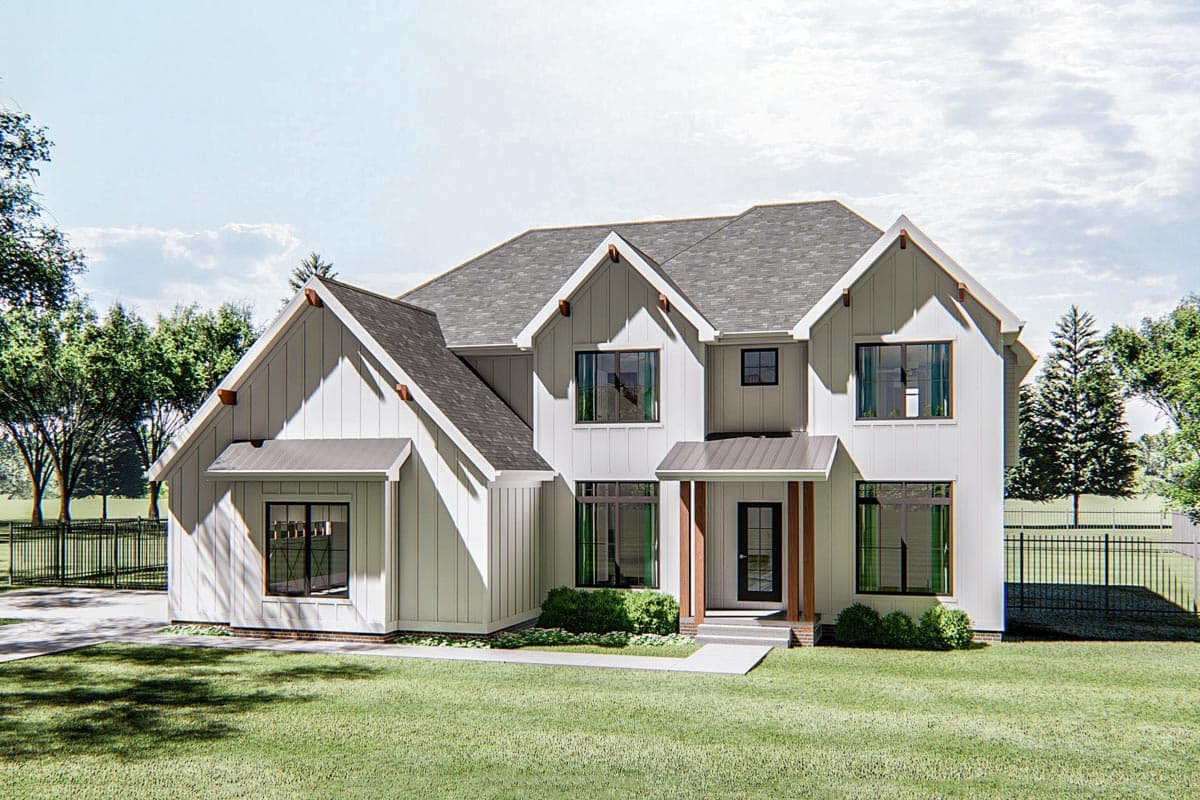 House plan exterior: Modern Farmhouse style, two stories, white board and batten siding, gables, metal shed roof porches.