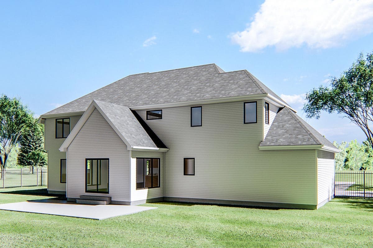 House plan exterior, two stories, with gabled dormers, siding, and a patio.