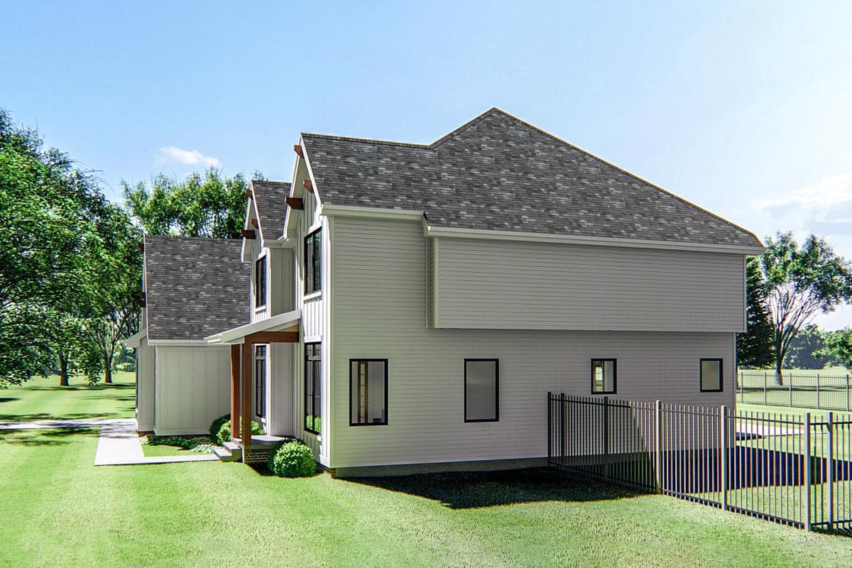 House plan exterior rendering of a two-story Modern Farmhouse with gables, exposed beams, and board and batten siding.